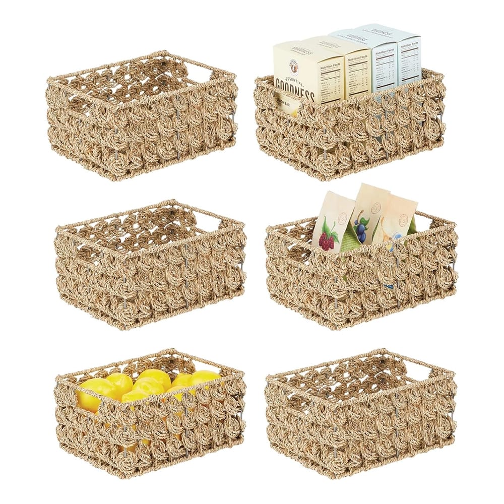 mDesign Woven Seagrass Pantry Organizer Basket, Natural, 6 Pack