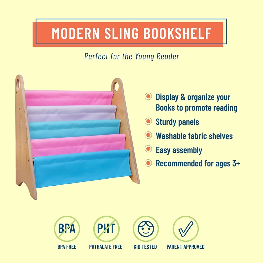Wildkin Kids Canvas Bookshelf , Natural/Blue/Pink