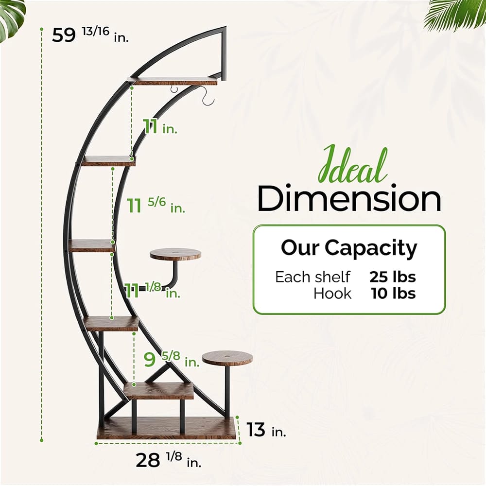 Idzo 6-Tier 9-Potted Steel Wood Plant Stand With Hanger, Brown