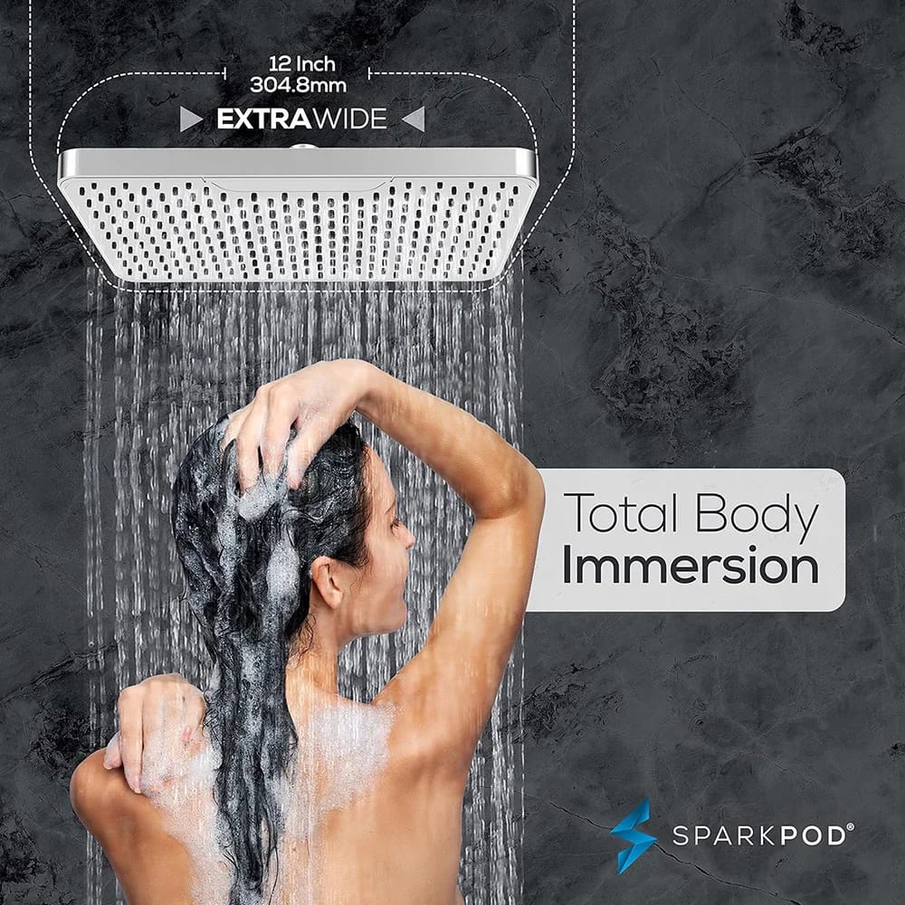 SparkPod 12" Rectangle Rain Shower Head, Chrome/White