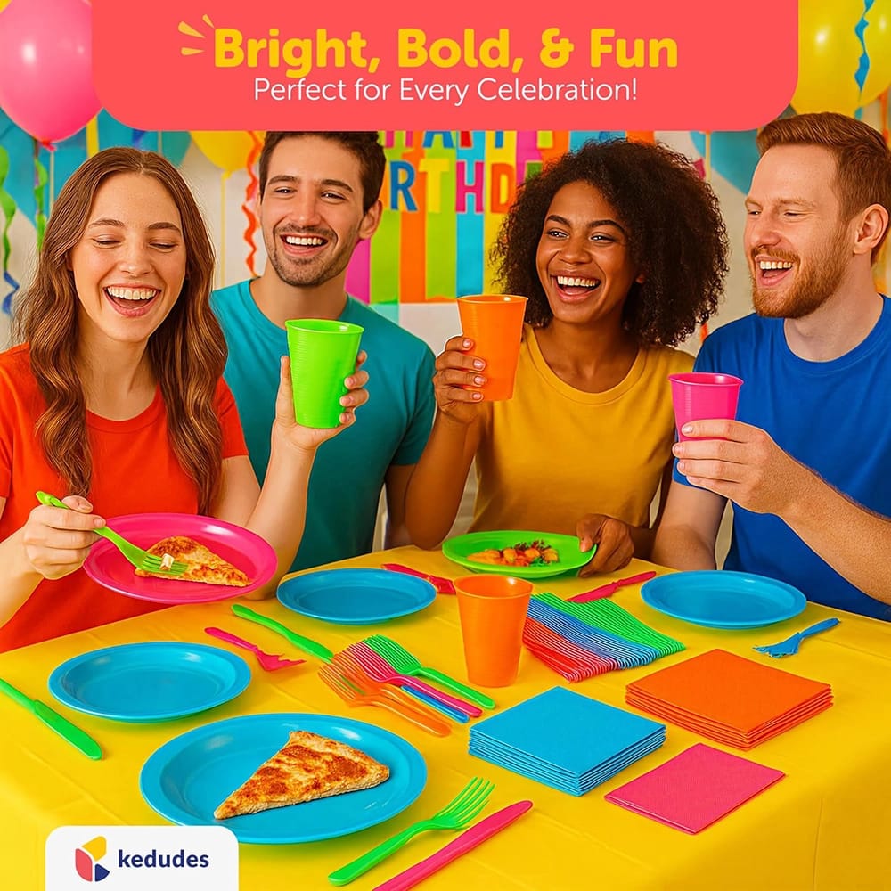 Disposable Neon Glow Party Tableware Kit, 256-Pieces