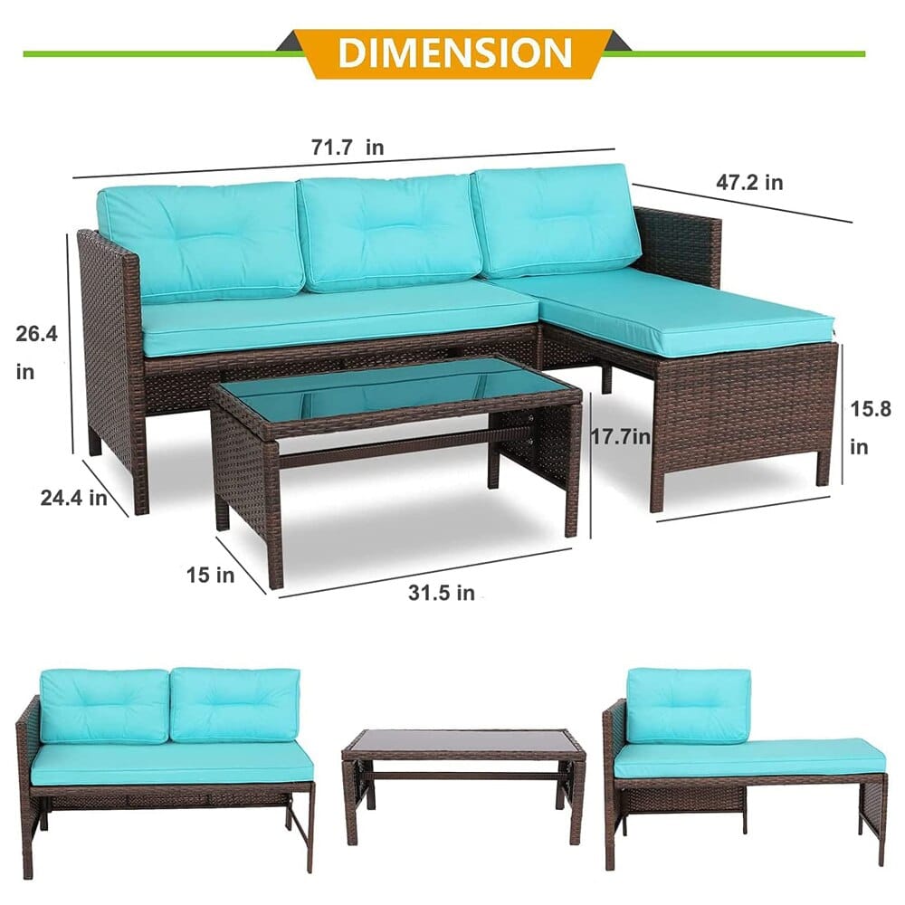 Outdoor Rattan Loveseat with Sectional Chaise Lounge, Turquoise