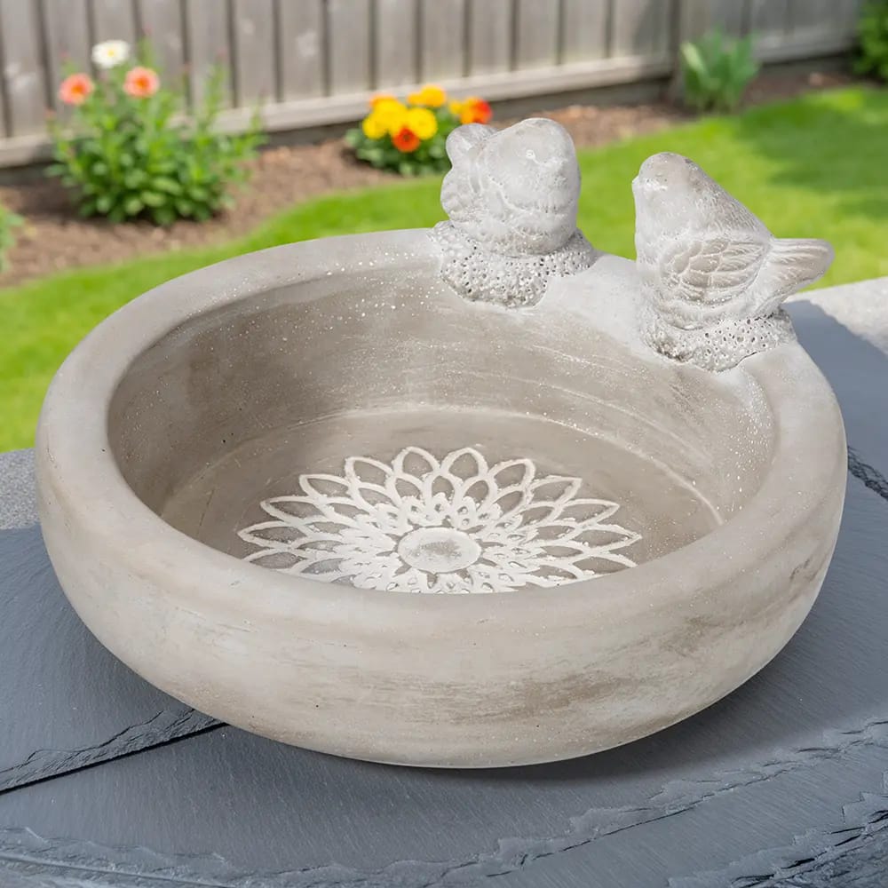 Floral Birdbath Cement Statue, Gray