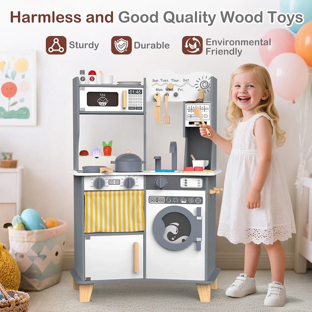 Large Wooden Kids Play Kitchen, Gray