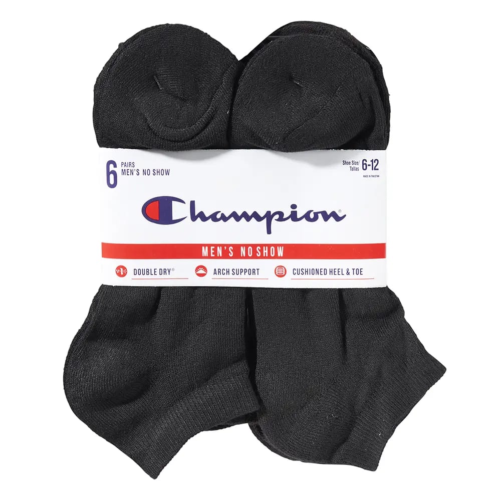 Champion Men's No Show Socks, Black, 6 Pairs, Shoe Sizes 6-12