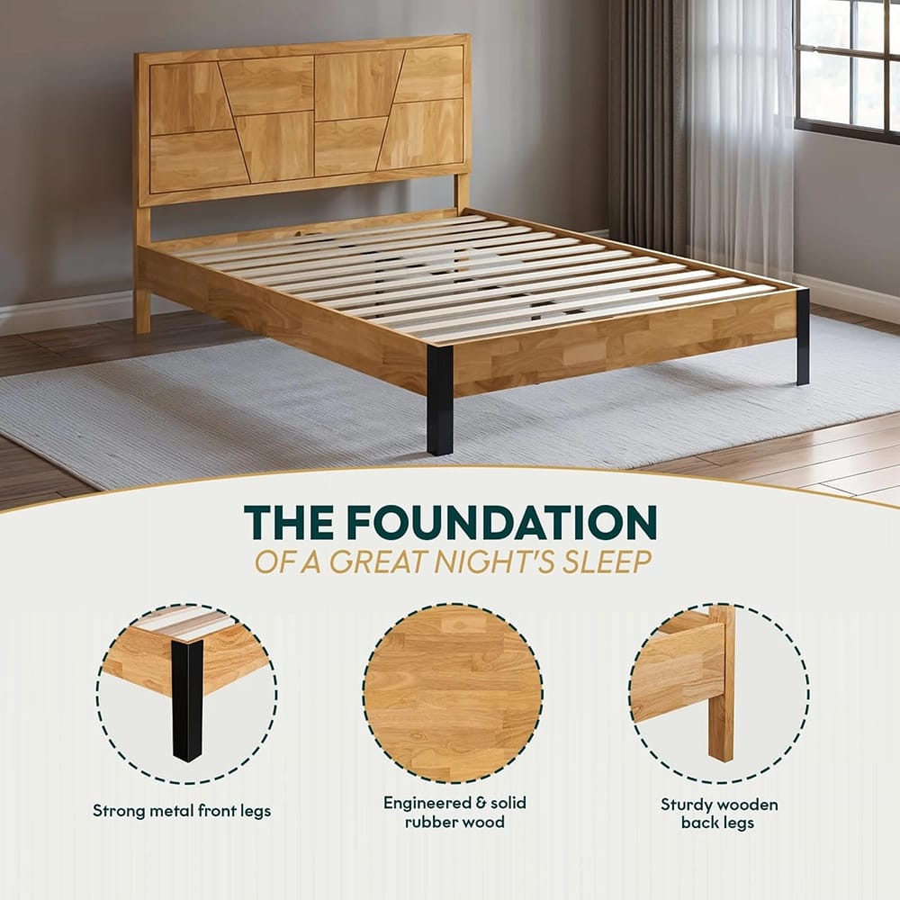 Bme Trapeze Modern Solid Wood Queen Bed Frame, Natural Light Finish