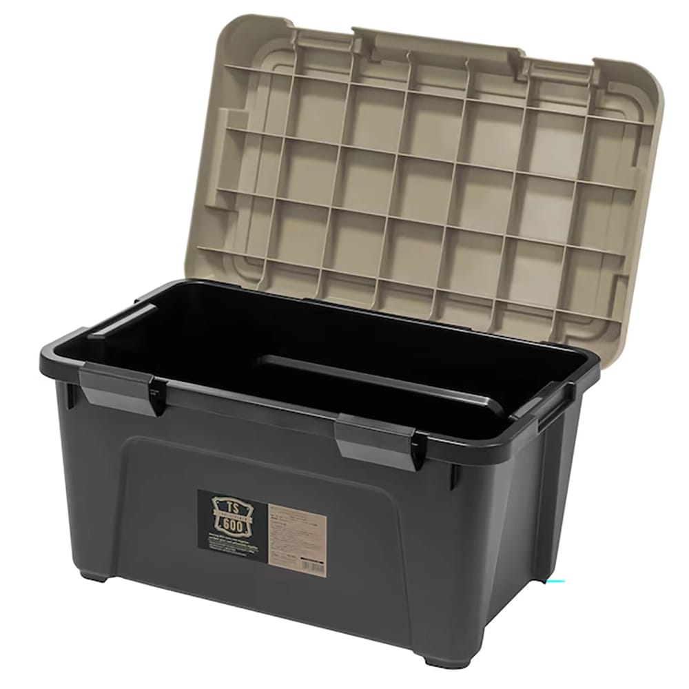 JEJ Astage Medium 20 Gallon Stackable Tote with Latching Lid, Sand/Black