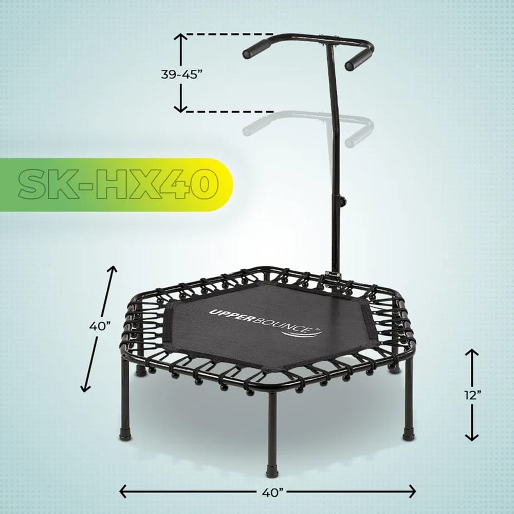 Machrus Upper Bounce Hexagonal Mini Trampoline with Adjustable T-Shaped Handrail, Black, 40"