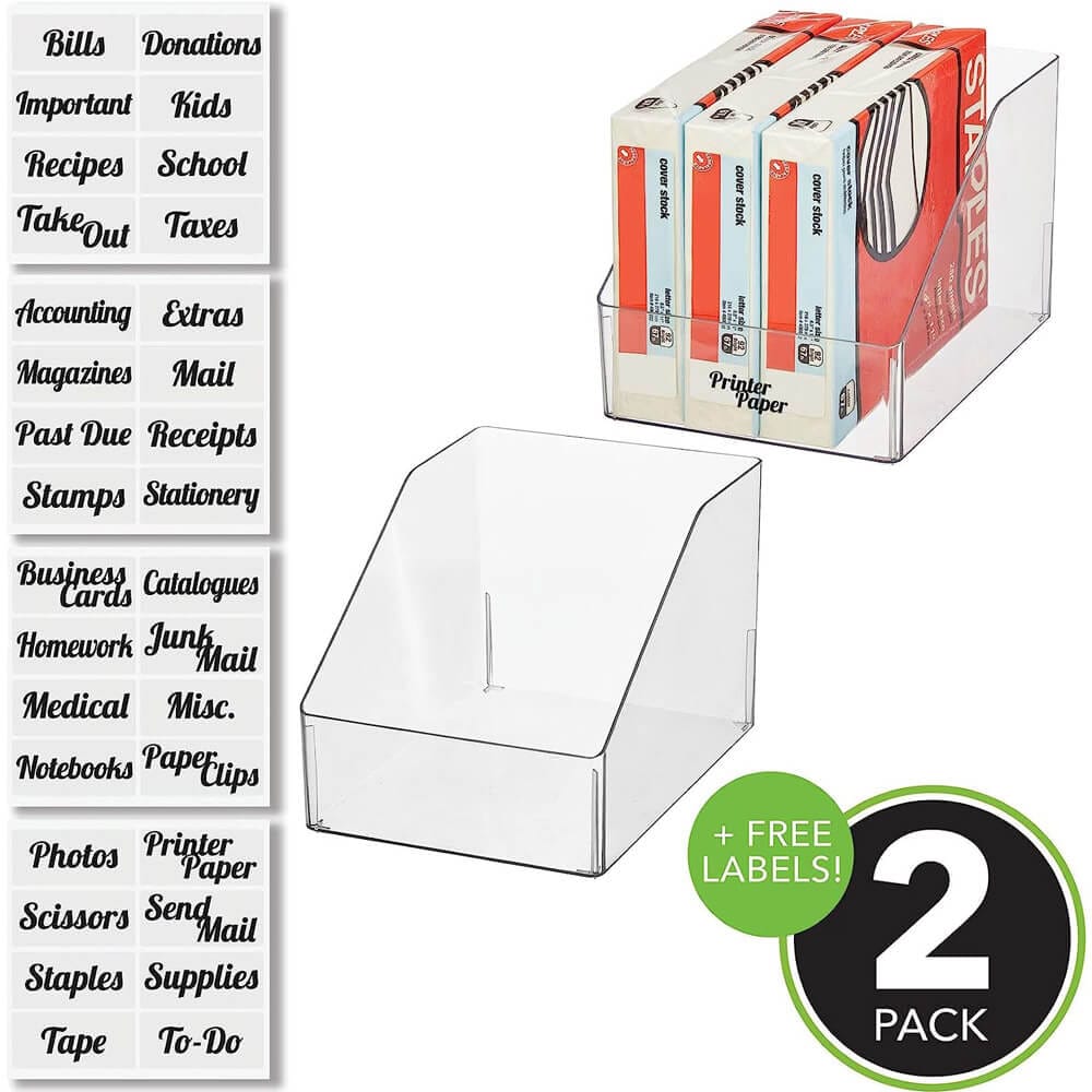 mDesign Plastic Slanted Open Front Home Office Storage Bin Containers with 32 Adhesive Labels, 9" x 12" x 8", Set of 2, Clear