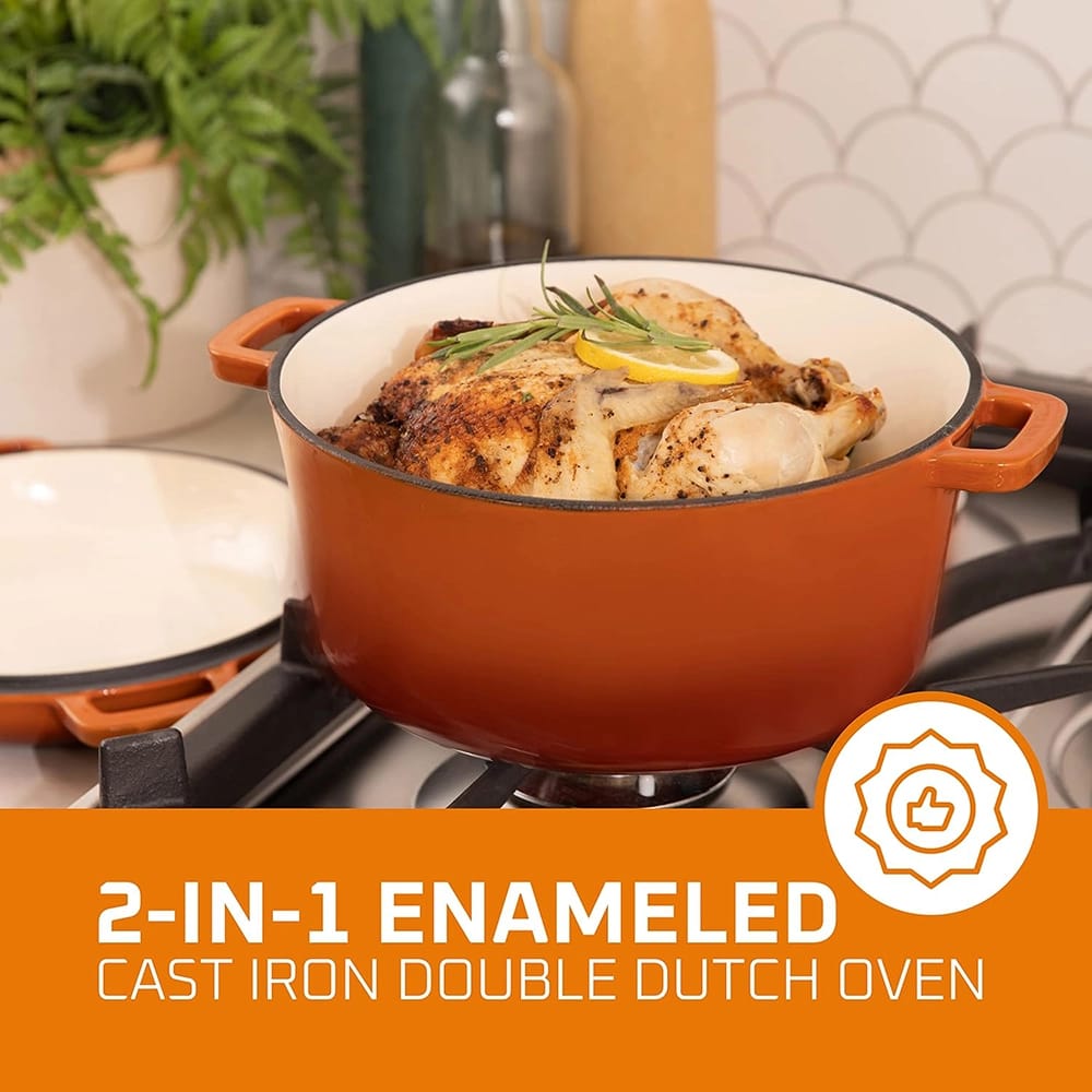 Bruntmor 2-in-1 5-Quart Enamel Cast Iron Double Dutch Oven Set, Pumpkin Spice