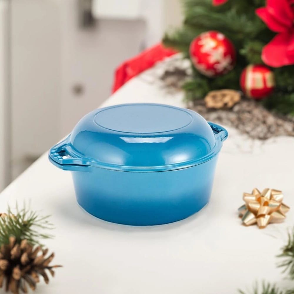 Bruntmor 7 Quart 2-in-1 Enamel Cast Iron Dutch Oven With Handles, Blue