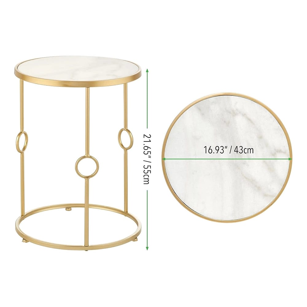 mDesign Round Metal Side Table, Brass/Marble