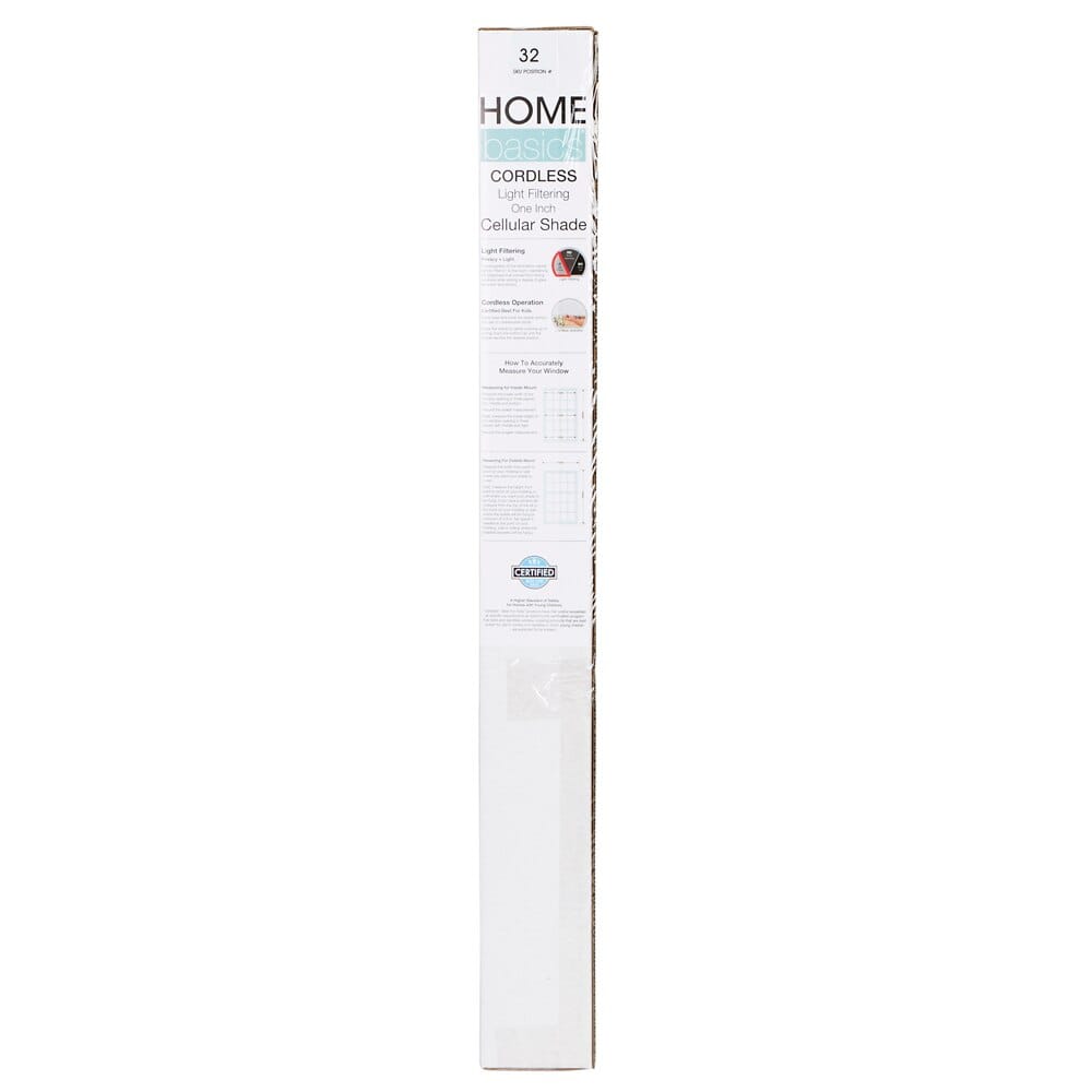 Home Basics Cordless Light Filtering 1 Cellular Shade, White, 27" x 72"