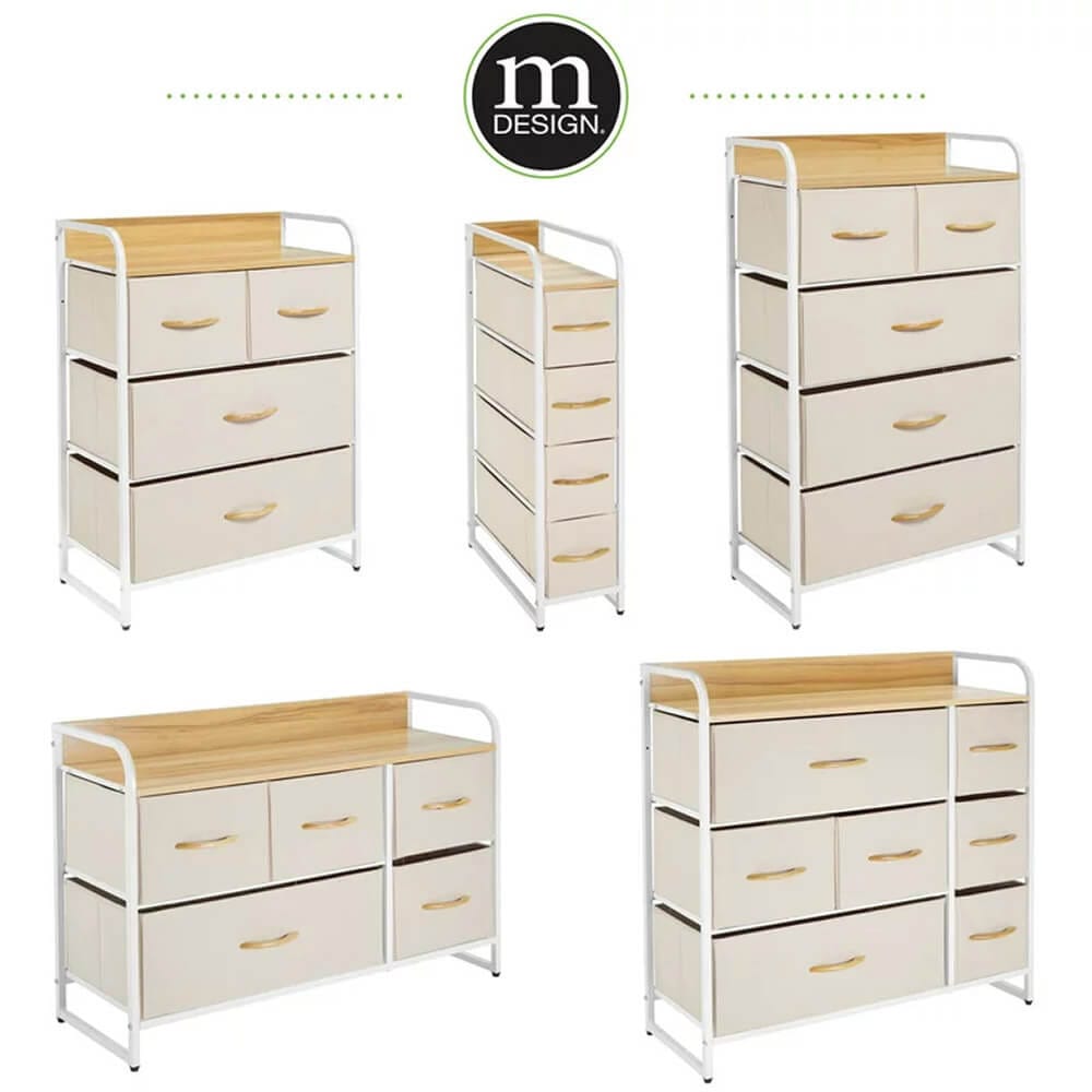 mDesign Wide Dresser with 5 Removable Fabric Drawers & Wood Top, Cream/White