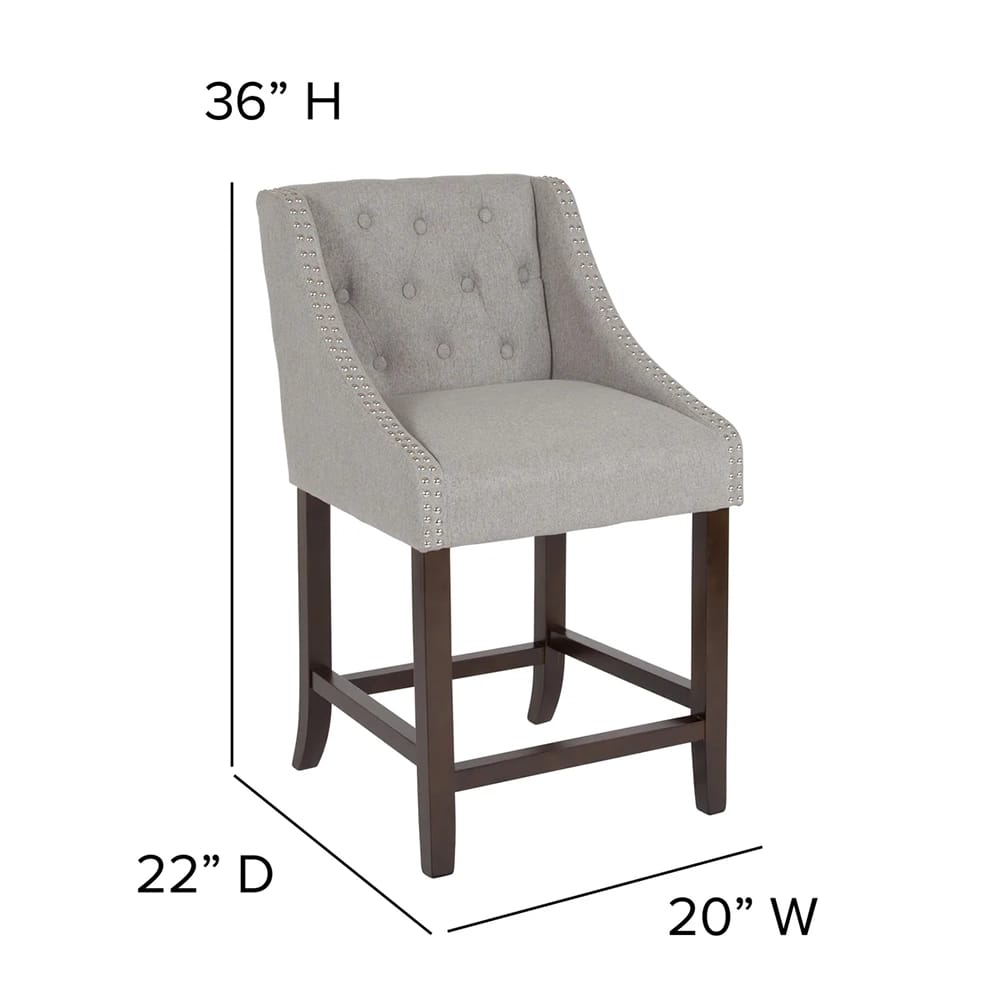 Carmel Series 24" High Tufted Walnut Counter Height Stool, Light Gray, 2 Count