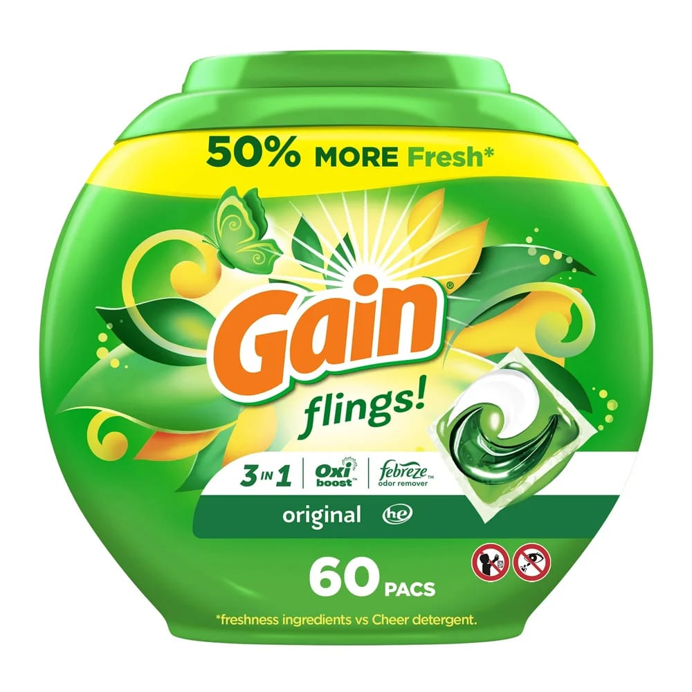 Gain Flings Oxi Boost and Febreze Original Scent Laundry Detergent Pacs, 60 Count