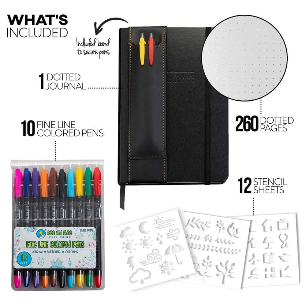 Rise and Shine Publishing Bullet Notebook Journal Set with 10 Pens, 12 Stencils, & 3 Bookmarks