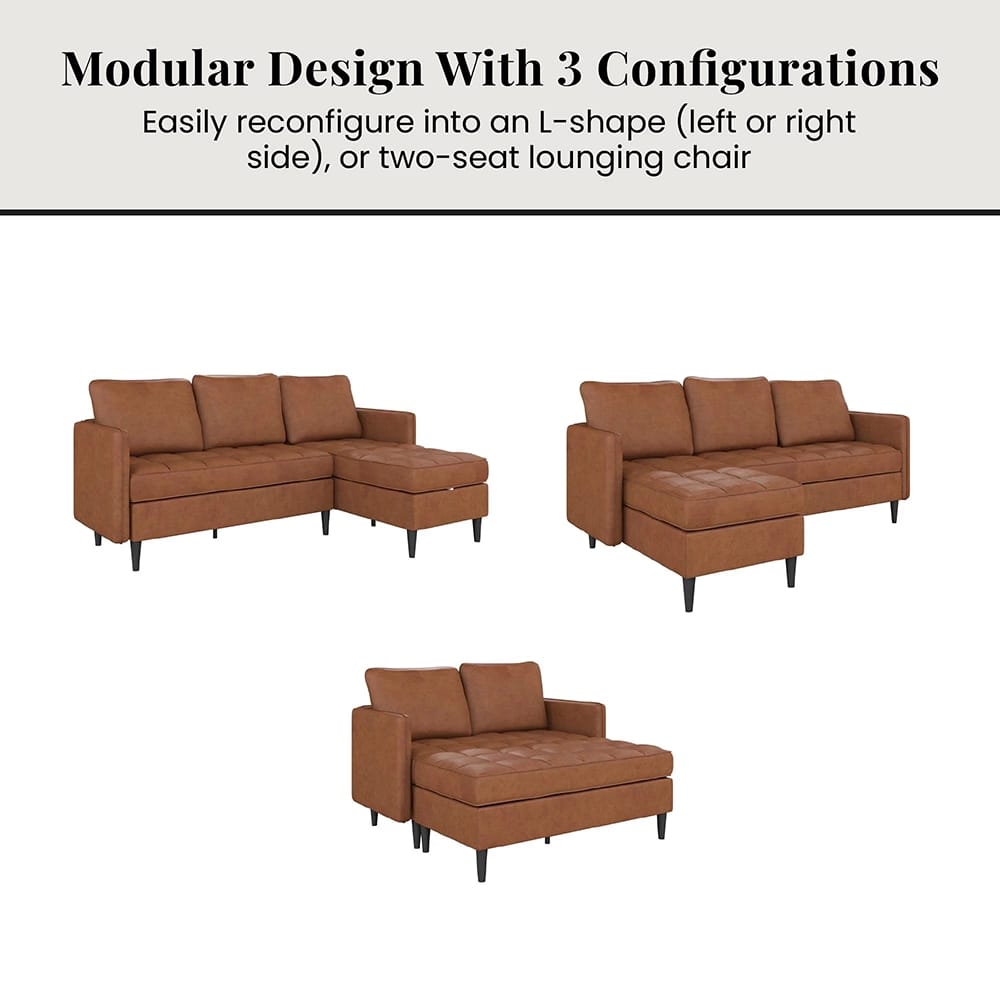 Dorel Home Xandor Modular Sectional Sofa with Storage Chaise, Camel Faux Leather