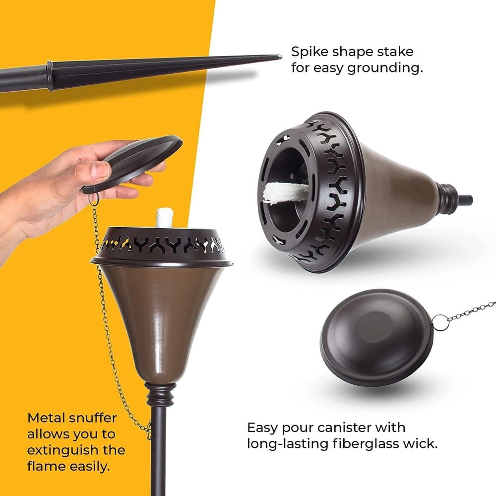 60" Large Flame Garden Torch with Snuffer & Wick, 2 Pack, Black/Brown