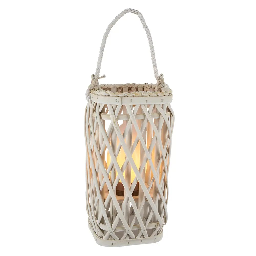 Barbara King Square Wicker Lantern With Remote, White, 12"