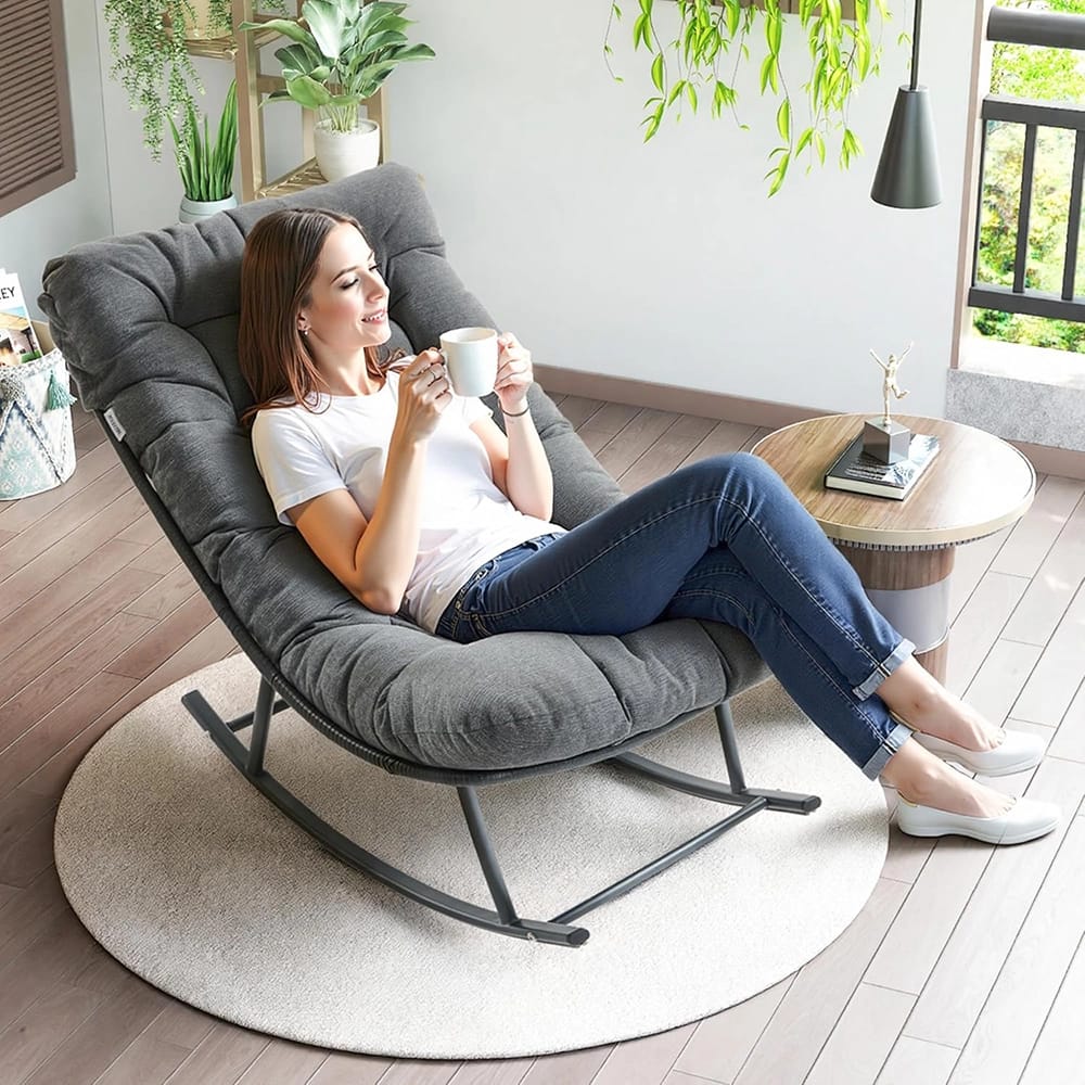 IRONCK Indoor/Outdoor Rocking Chair with Cushion, Black/Gray
