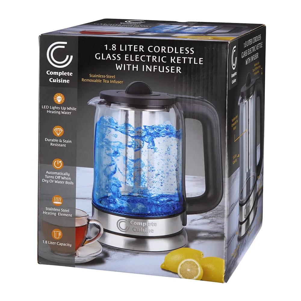 Complete Cuisine 1.8L Cordless Glass Electric Kettle with Infuser