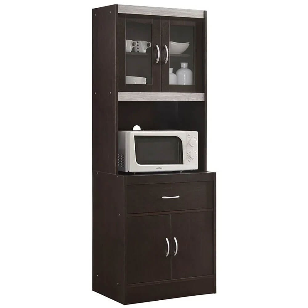 Hodedah Kitchen Cabinet with Drawer & Space for Microwave, Chocolate/Gray