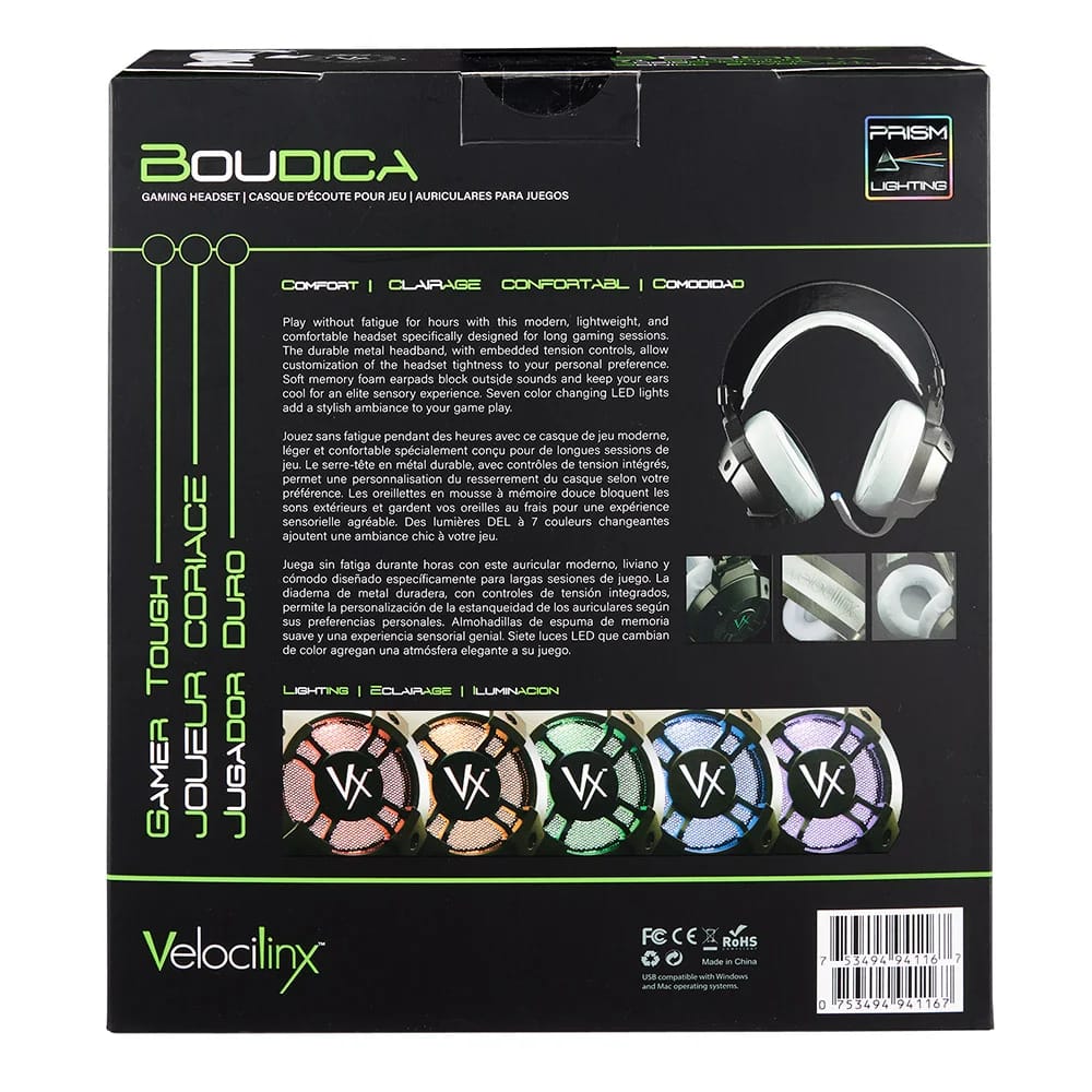 Velocilinx Surround Sound USB Gaming Headset, White/Silver