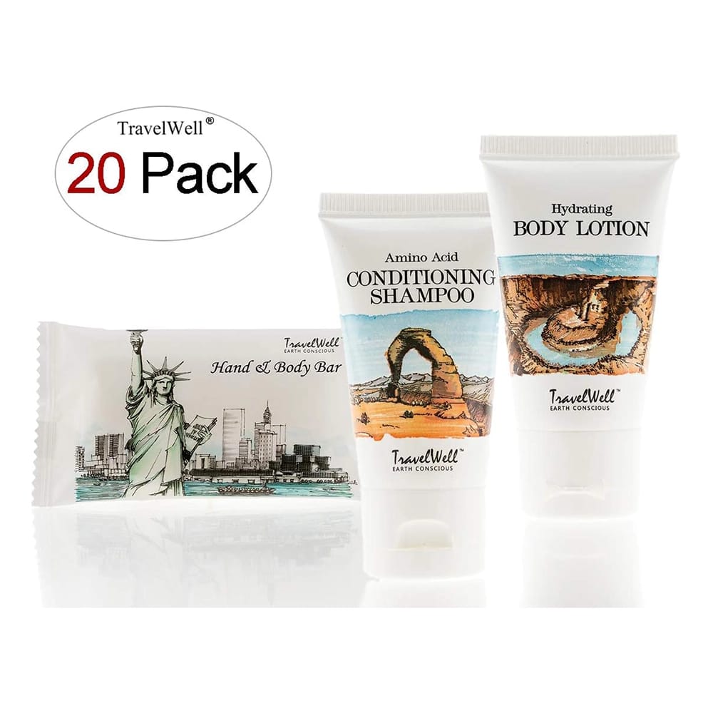TravelWell Landscape Series Travel Size Toiletries, Shampoo/Body Lotion/Soap Bar, 20 Count each