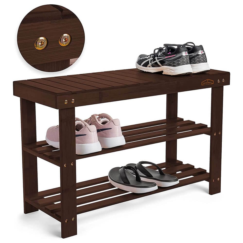 Homemaid Living 3-Tier Bamboo Shoe Rack & Bench, Brown