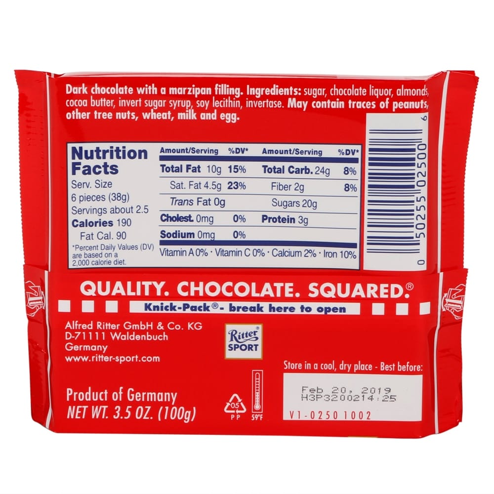 Ritter Sport Dark Chocolate with Marzipan, 3.5 oz