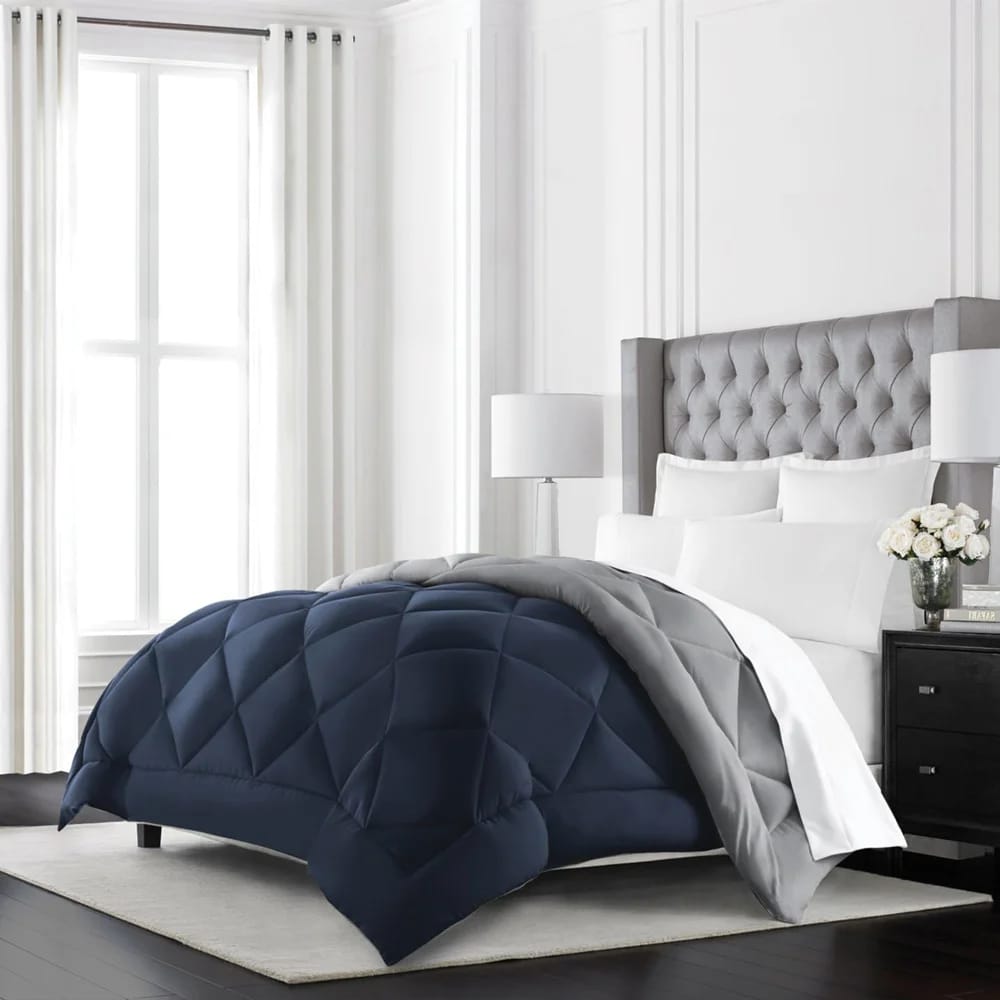 Beckham Hotel Collection Goose Down Alternative Reversible Comforter, Full/Queen, Navy/Sleet