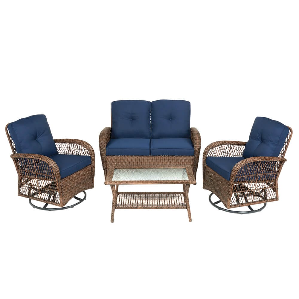 4-Piece Resin Wicker Swivel Patio Set, Blue/Brown