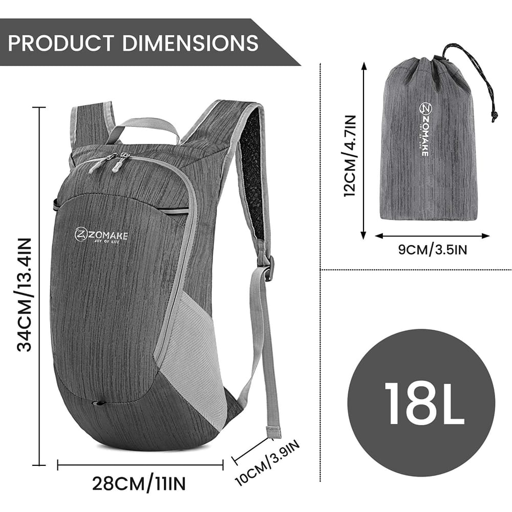 ZOMAKE Ultra Lightweight Packable Backpack, 18L, Medium Gray