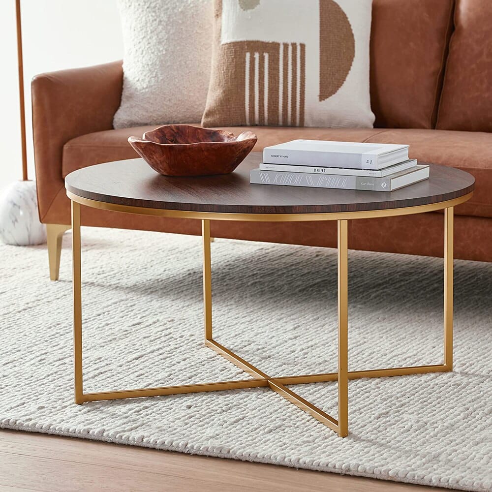 Walker Edison Cora Modern Round Faux Marble Top Coffee Table, Walnut/Gold