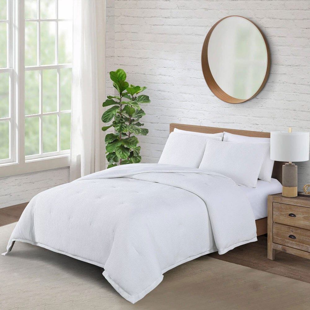 WellBeing by Sunham Waffle Weave 3-Piece Comforter Set, King, White