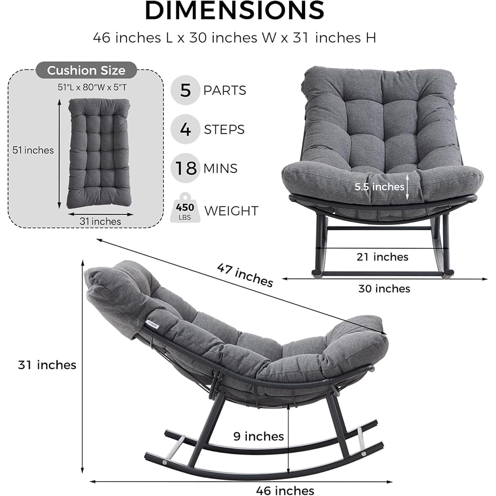 IRONCK Indoor/Outdoor Rocking Chair with Cushion, Black/Gray