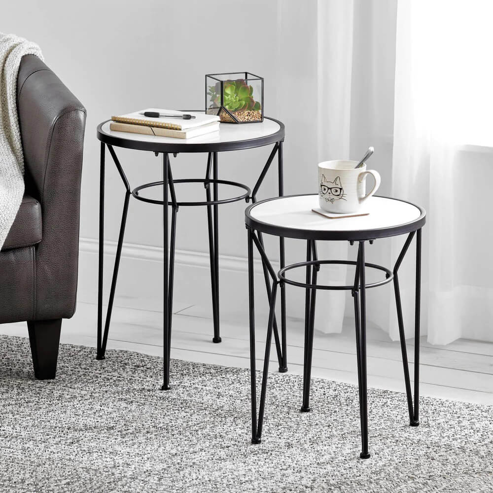 mDesign Round Metal Accent Table with Hairpin Legs, Set of 2, Matte Black/Marble