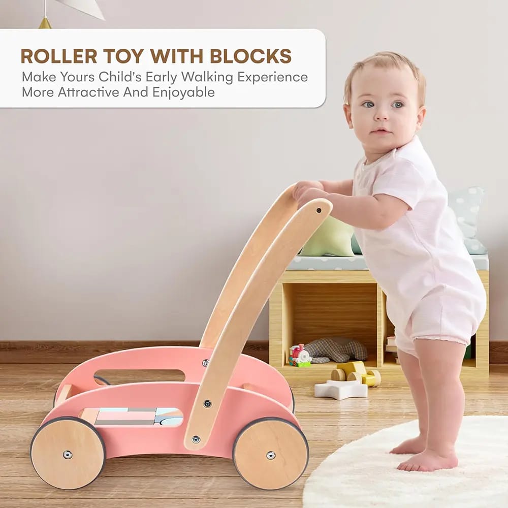 Childlike Behavior Wooden Baby Push Walker with Wheels, Pink