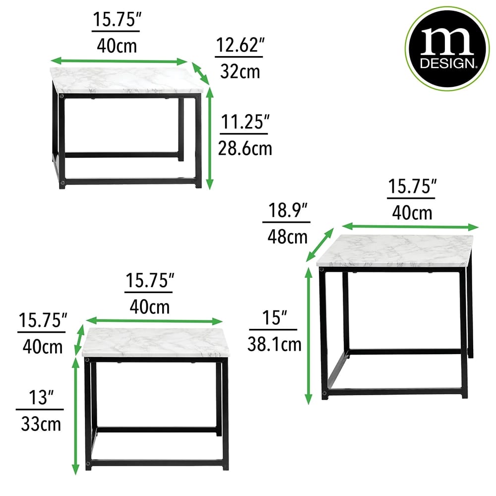 mDesign Nesting Accent End Table, Marble/Black, Set of 3