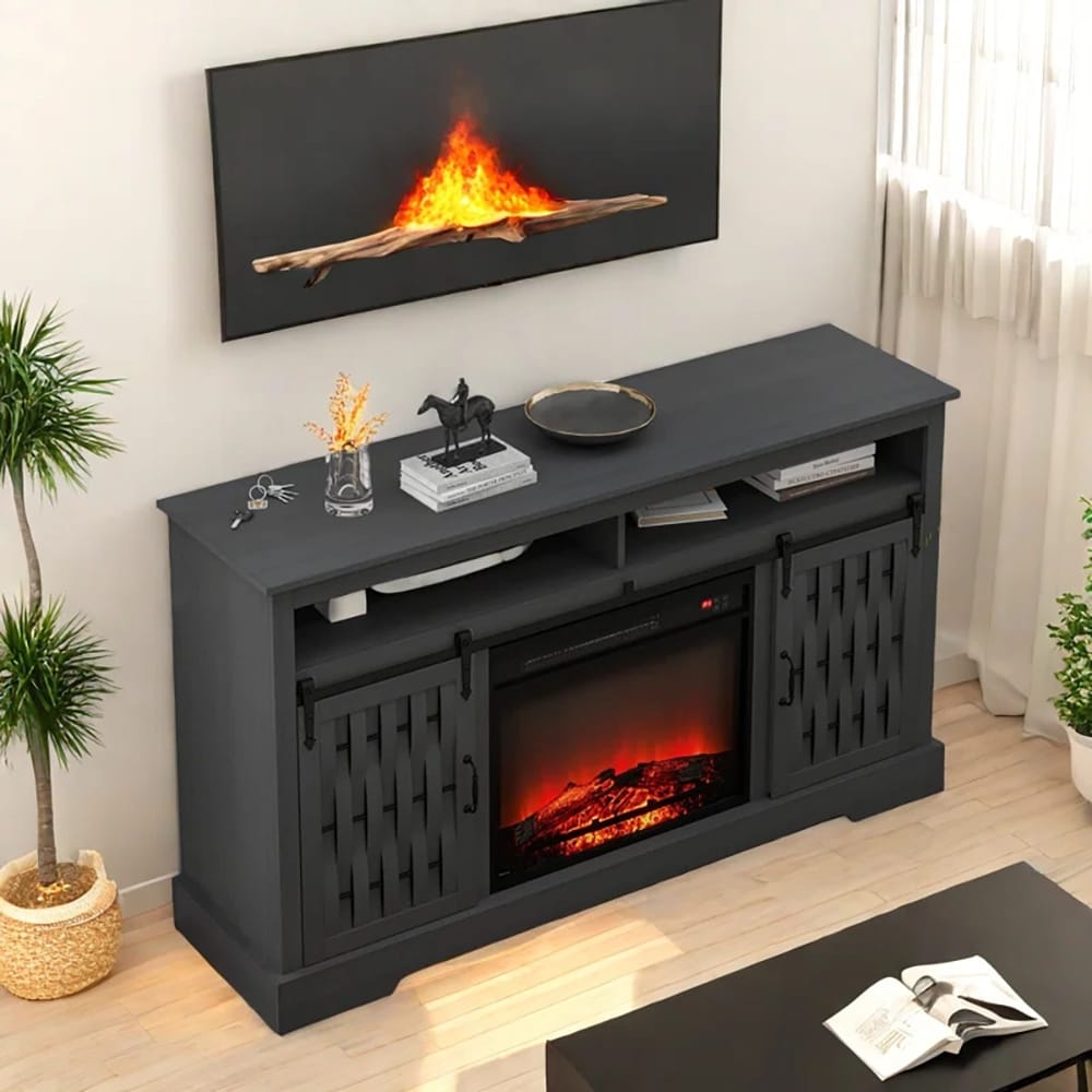 TV Stand with Electric Fireplace and Sliding Barn Door, Dark Gray
