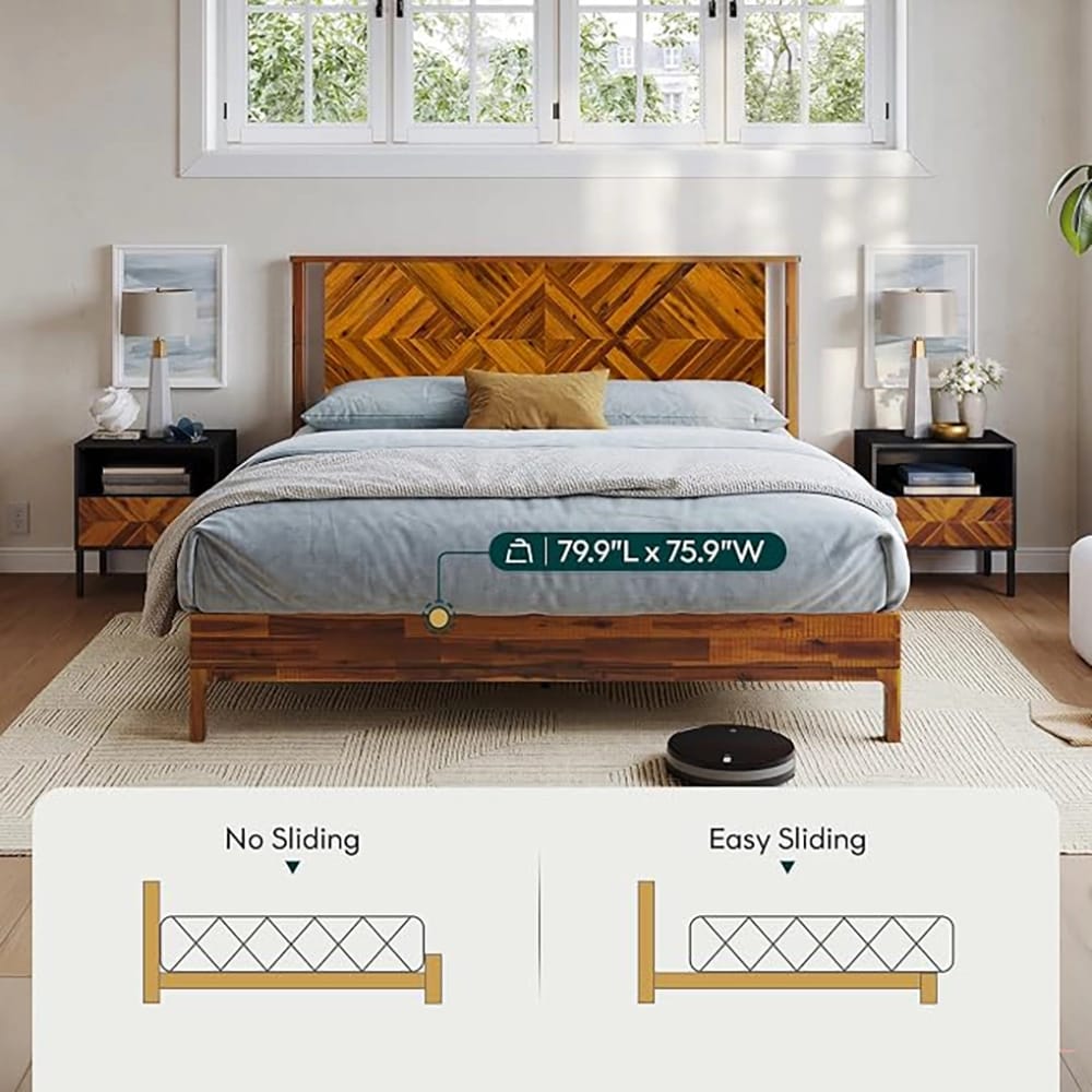 Bme Ethan King Size Bed Frame with Diamond Headboard, Rustic Caramel