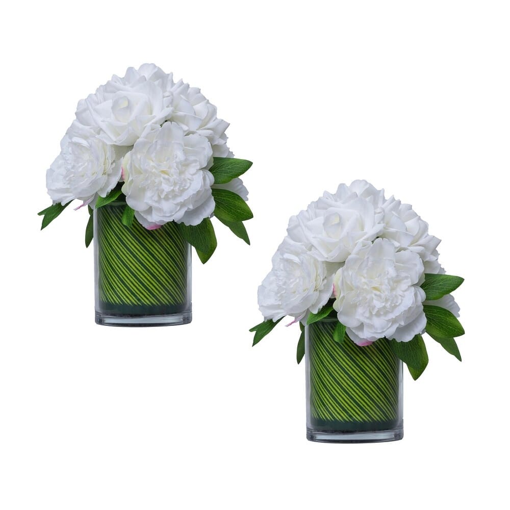 Vintage Home 13" Peony and Rose Bouquet in Circular Vase, White, 2 Pack