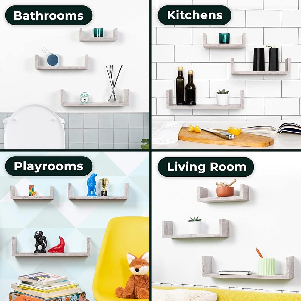 Greenco Floating U Shelves, White, Set of 3