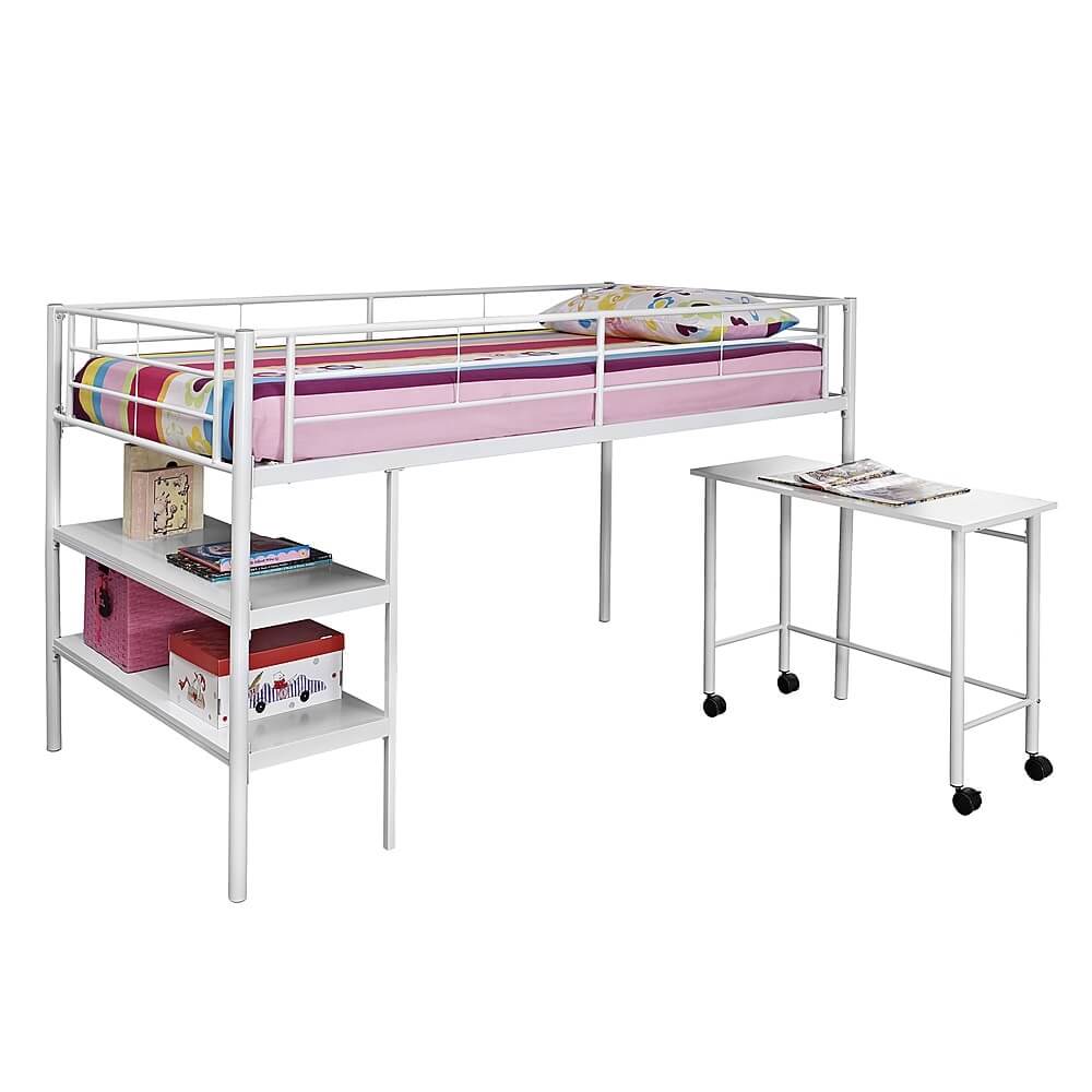 Walker Edison Low Loft Bed with 2 Shelves & Rolling Desk, Twin, White