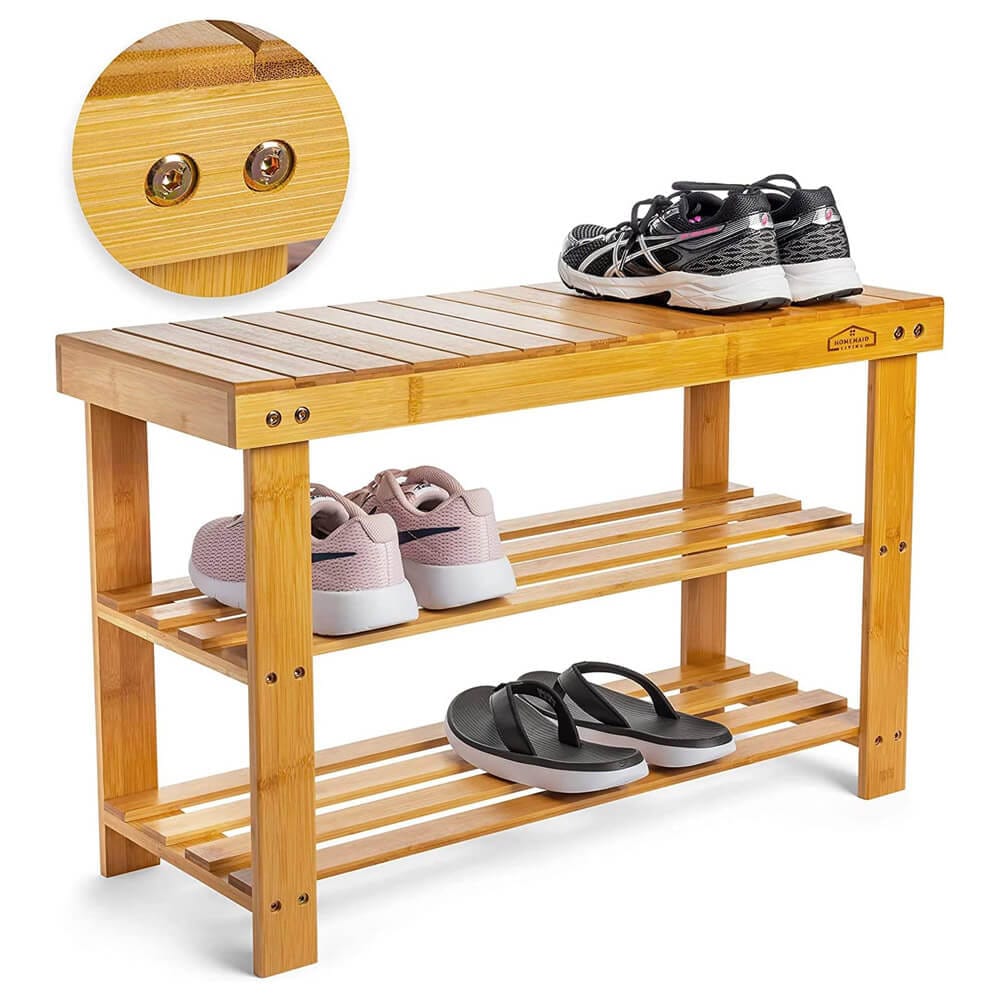 Homemaid Living 3-Tier Bamboo Shoe Rack & Bench, Natural