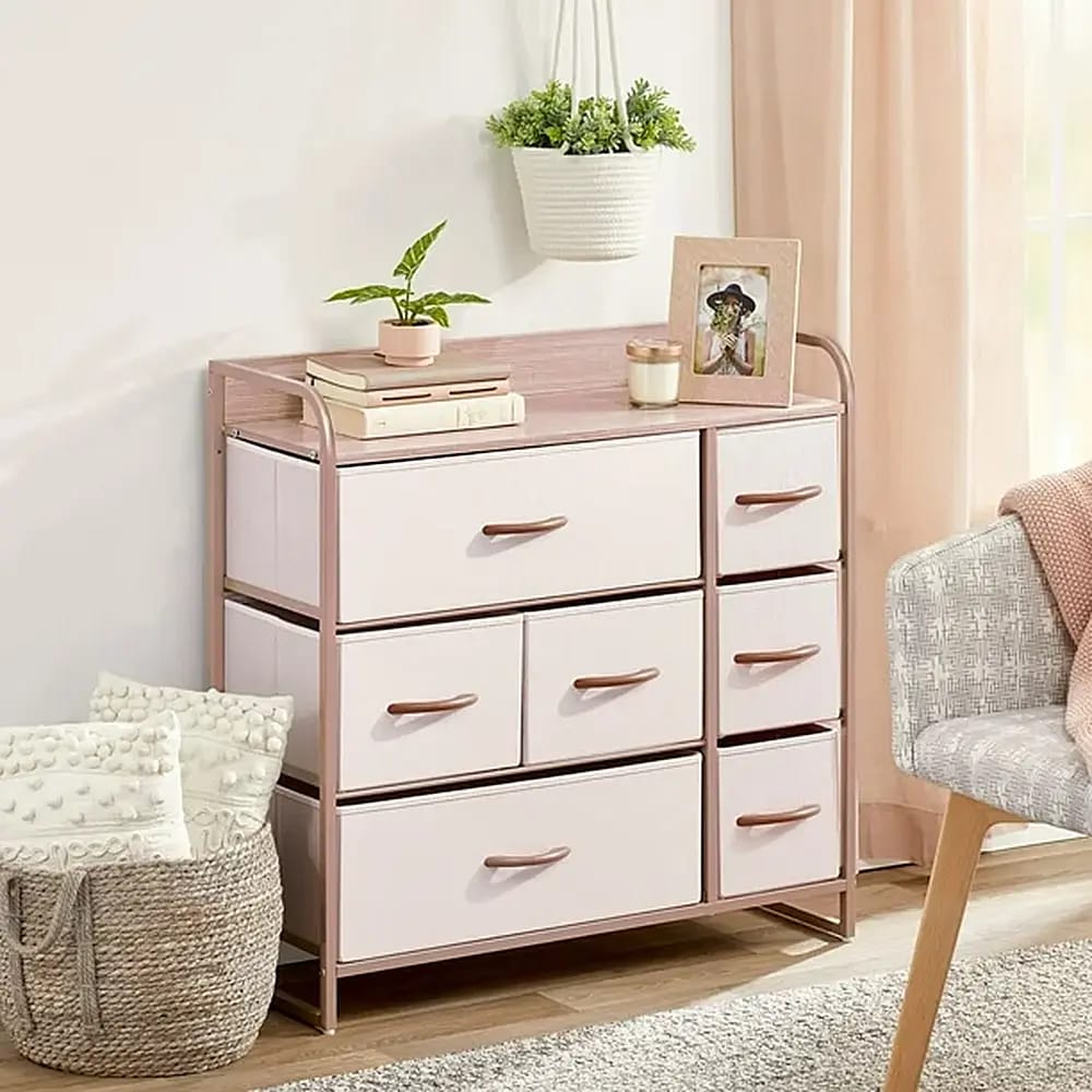 mDesign Large Storage Dresser with Fabric Drawers, Pink/Rose Gold