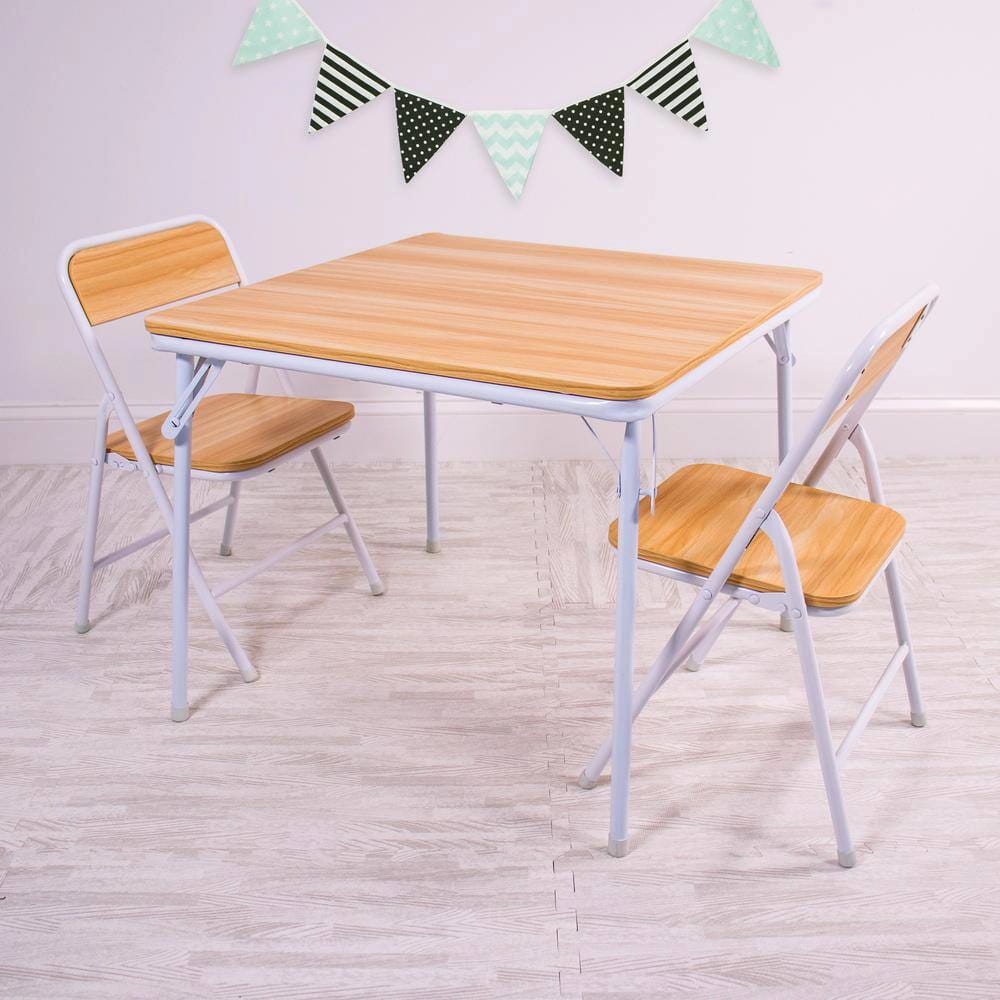 Humble Crew Kids Metal Folding Table and 2 Chairs Set, Natural Wood/White
