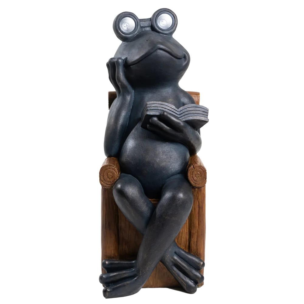 34" Reading Frog Solar Garden Statue