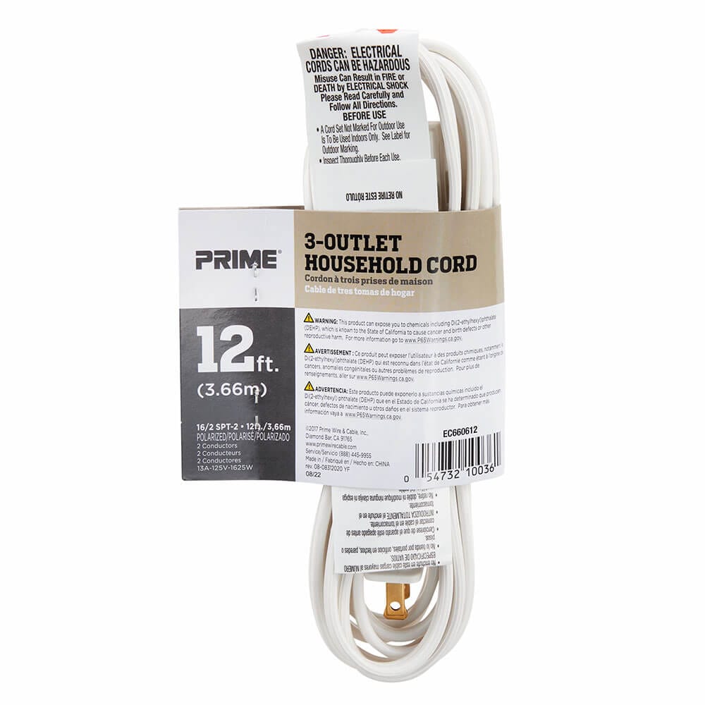 Prime 3 Outlet Household Extension Cord, 12'